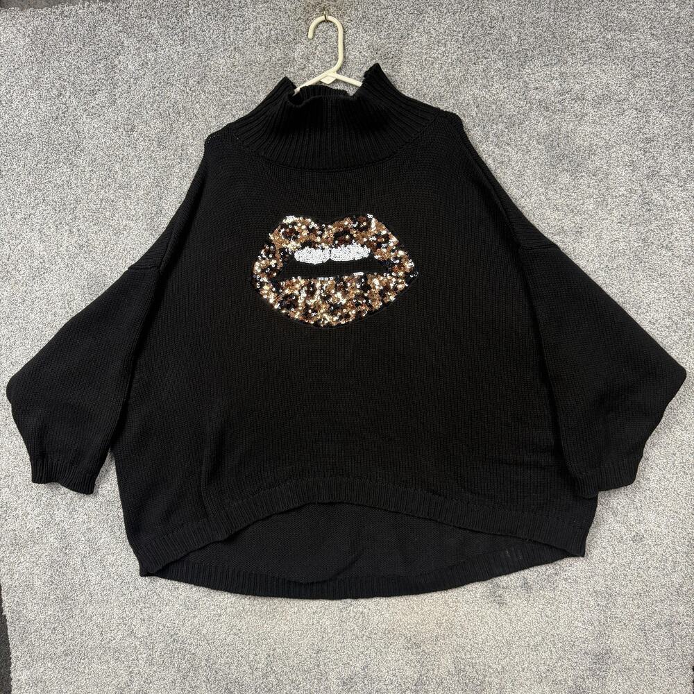 Torrid Sweater Womens 3/4 Plus Black Sequin Leopard Lips Turtleneck Glam Cozy
